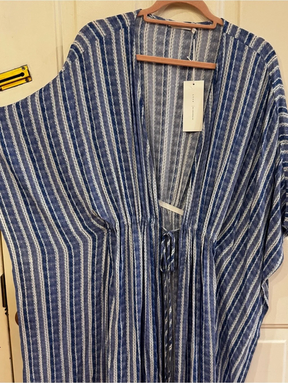 NWT LUSH Blue White Maxi Beach Cover Up Kimono Small